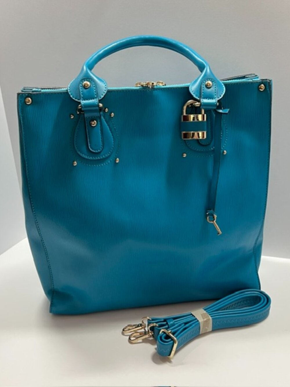 Unbranded Convertible Satchel Tote Bag Turquoise PVC w/Detach/Adjust Strap NWOT